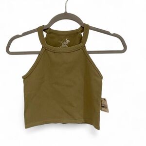 FREE PEOPLE BELLA SEAMLESS CROP HIGH NECK HALTER TANK TOP OLIVE GREEN SIZE LARGE
